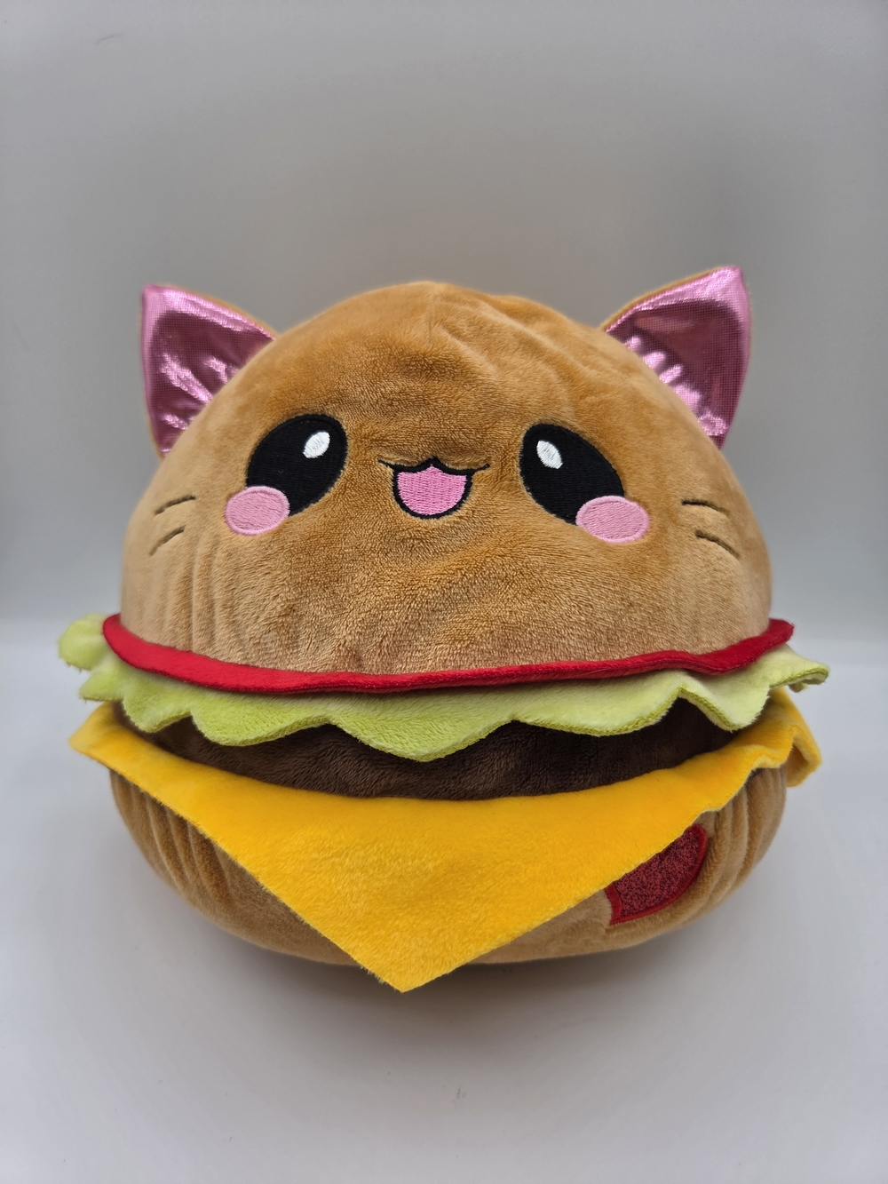 Tan Cat Burger Plush Toy with Pink Metallic Ears